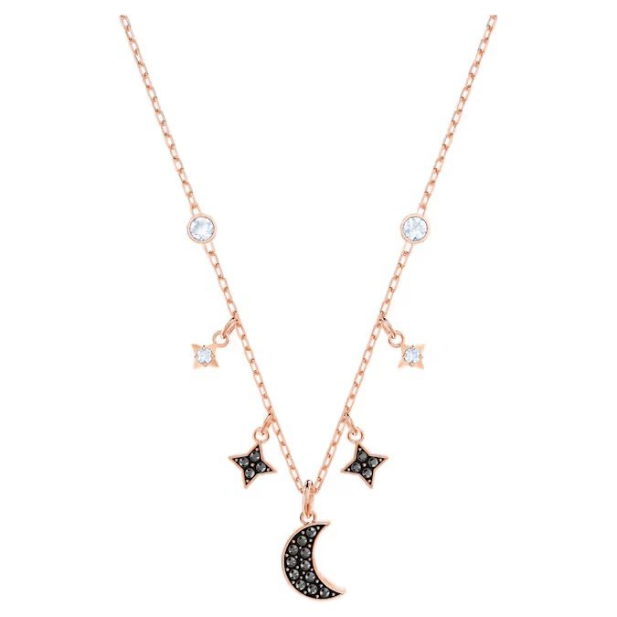 Swarovski Symbolica necklace with moon and star, black, rose gold finish
