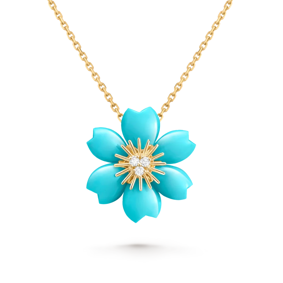 Van Cleef & Arpels Rose de No ë l pendant necklace in gold and turquoise
