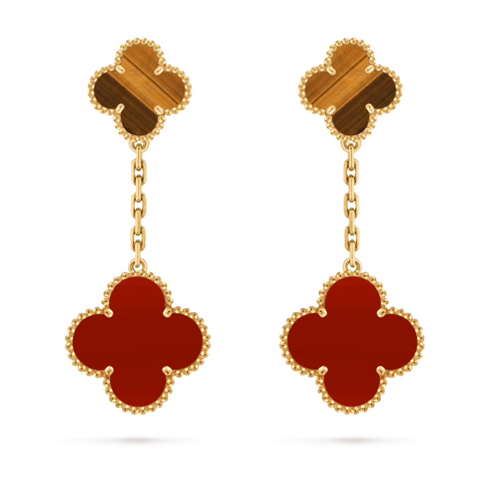 Van Cleef&Arpels Magic Alhambra Earrings, 2 Four Leaf Lucky Pattern Gold Red Jadeite, Tiger Eye Stone