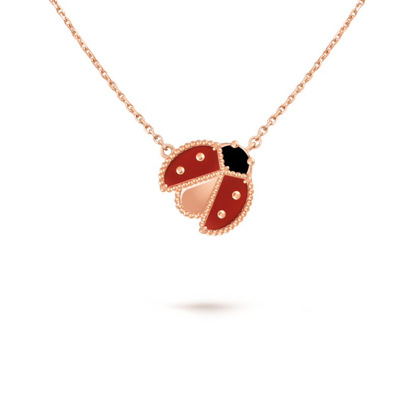 Van Cleef & Arpels Lucky Spring pendant necklace, ladybug rose gold with spread wings, red chalcedony, onyx