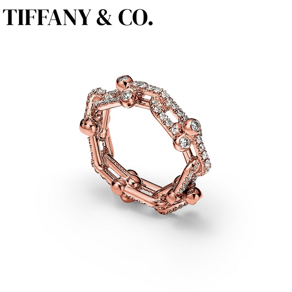 Tiffany HardWear Series Small Chain Rings Rose Gold Set with Diamonds