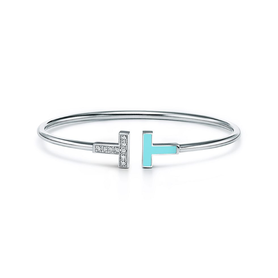Tiffany T Series Coil Bracelets 925 Sterling Silver Set with Diamonds and Green Stones